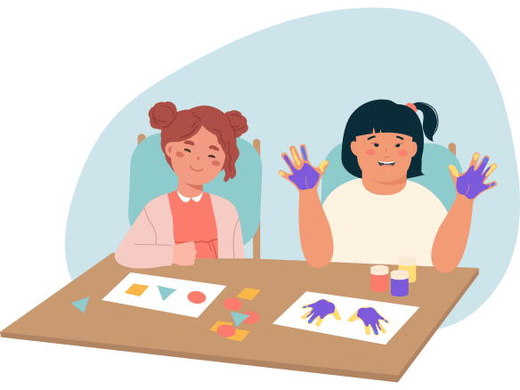 Illustrasjon av to barn i barnehage som pusler og fingermaler