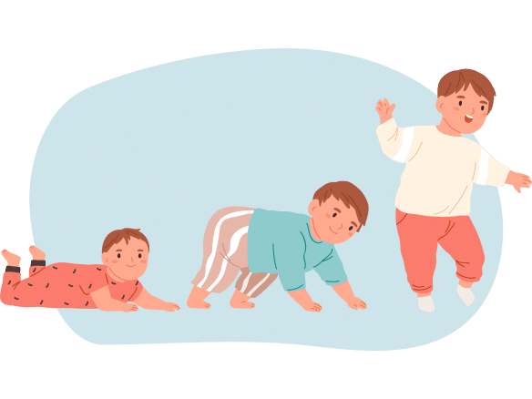 Illustrasjon av livsløpet; fra baby til barn som kan gå