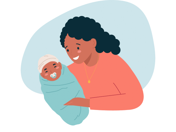 Illustrasjon av nybakt mor med baby som har Downs syndrom