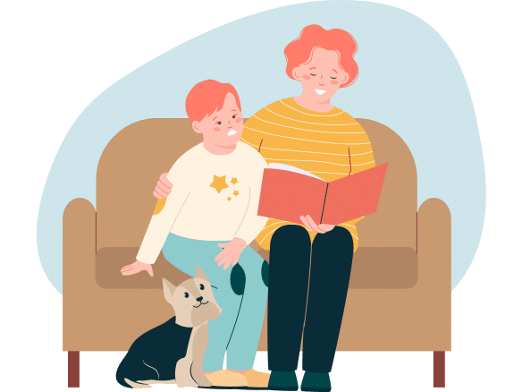 Illustrasjon av barn med Downs syndrom og mor som sitter sammen i sofa