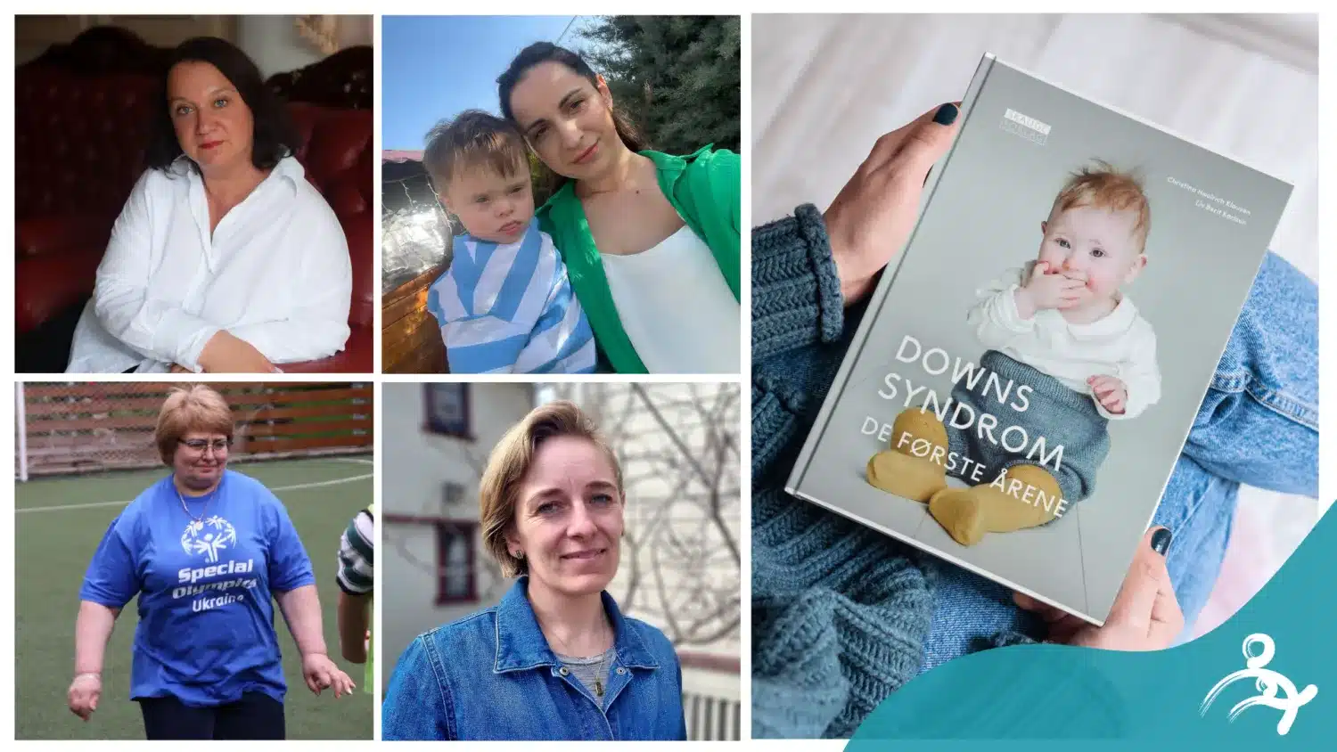 Collage med bilder av foredragsholdere: Fire kvinner der et har med seg et barn. Også et bilde av boken Downs syndrom de første årene.