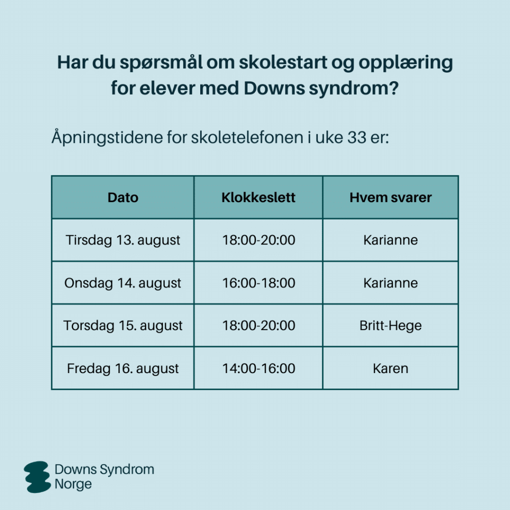 Oversikt over åpningstider for skoletelefonen i uke 33