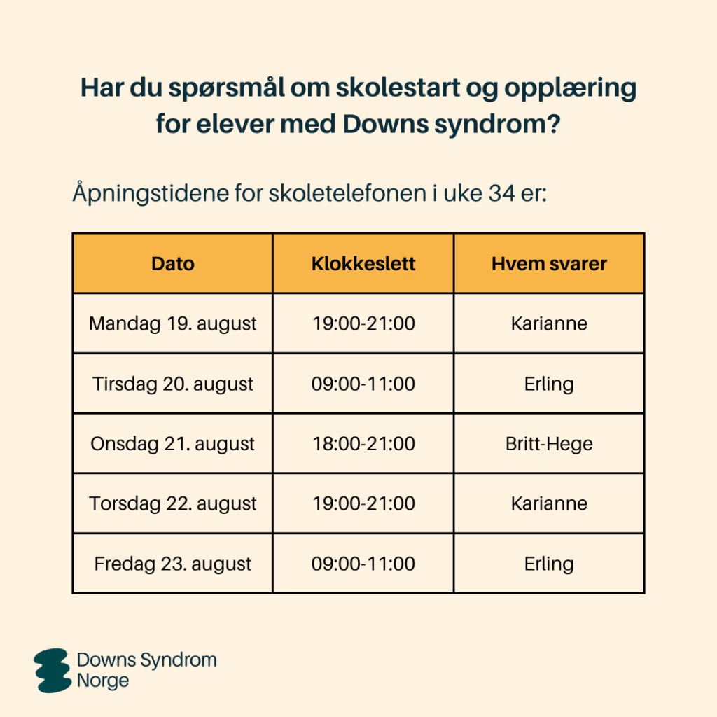 Oversikt over åpningstider for skoletelefonen i uke 34