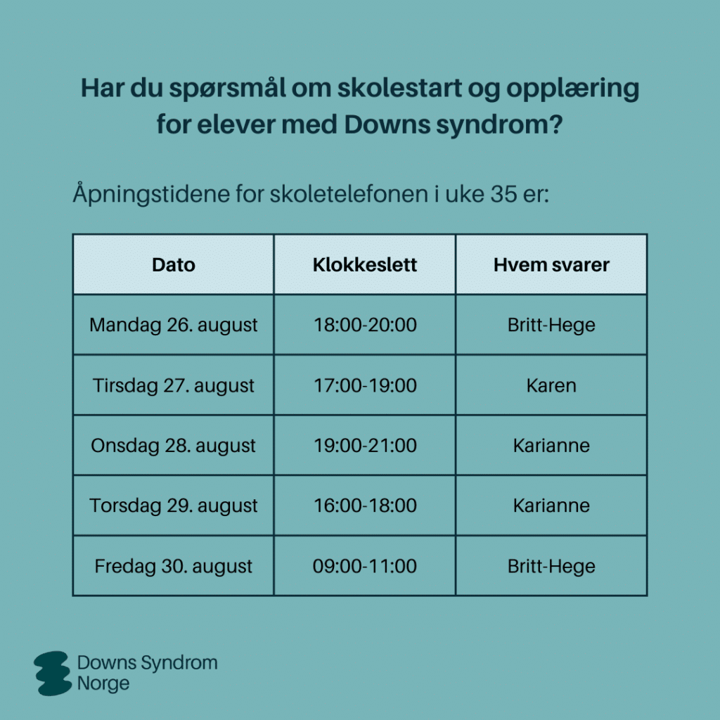 Oversikt over åpningstider for skoletelefonen i uke 35